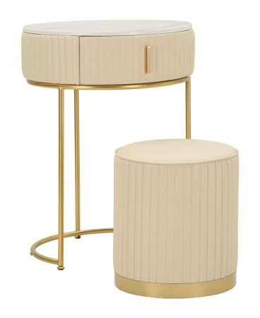 Mese - Măsuță de toaletă rotundă cu taburet tapițat și structură aurie modernă