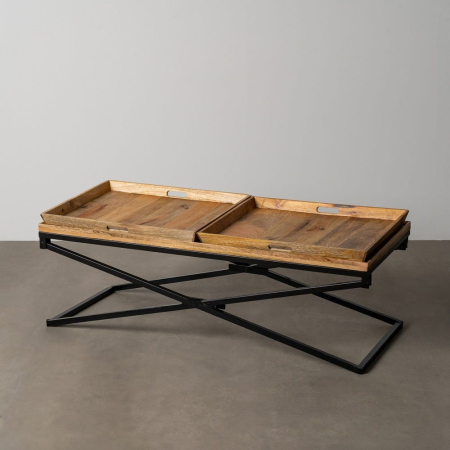 Măsuță din lemn de mango cu tăvi detașabile și bază metalică Natural pentru livinguri moderne și boho. [1]