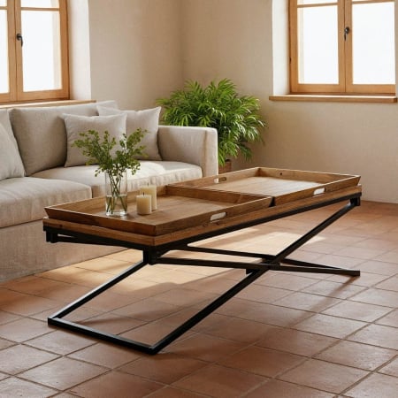 Mese - Măsuță din lemn de mango cu tăvi detașabile și bază metalică Natural pentru livinguri moderne și boho.