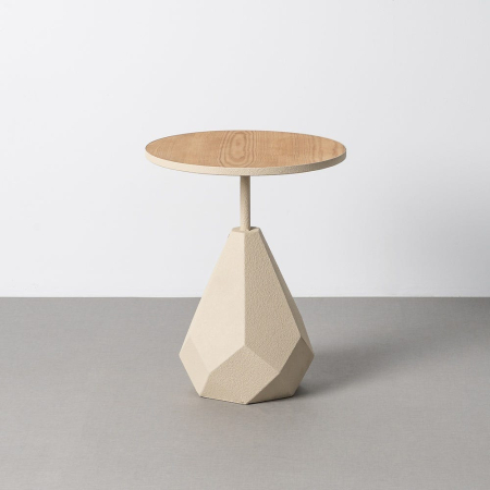 Mese - Masuta laterala moderna din metal crem si MDF cu blat rotund