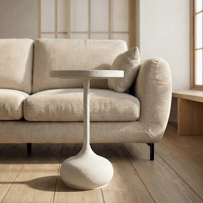 Masute Laterale - Masuta laterala sculpturala din metal alb cu blat circular