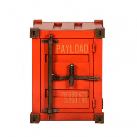 Masute Laterale - Măsuță laterală metal roșu 40x40x56 cm cu ușă frontală și inscripții decorative, design container eclectic.