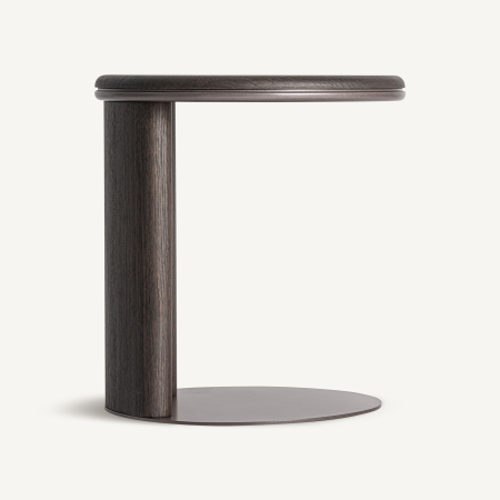 Mobilier - Măsuță laterală cu blat rotund maro închis, coloană de lemn și placă de metal bronzat