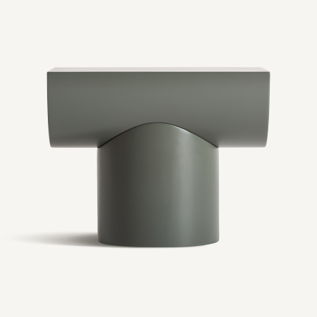 Stil de design - Măsuță verde-gri mată cu bloc orizontal cu capete rotunjite sprijinit pe un picior oval curbat