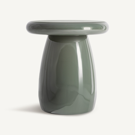 Stil de design - Măsuță laterală verde-gri lucioasă, cu blat rotund gros și bază bombată fără muchii