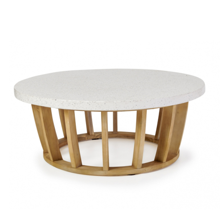 Japandi - Măsuță rotundă de cafea cu blat din terrazzo alb și bază din lemn