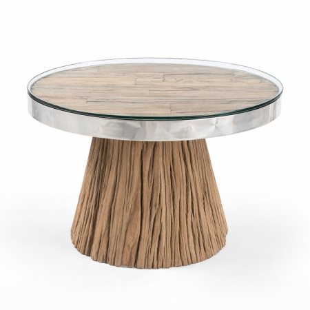 Mobilier - Măsuță rotundă de cafea din lemn reciclat maro cu blat acoperit cu sticlă