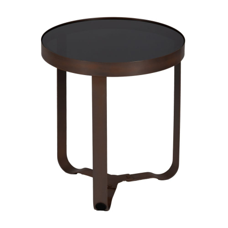 Măsuță rotundă din metal și sticlă maro închis cu bază în trei laturi [1]