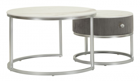 Masute Cafea - Set masute Greys cu structura argintie, blat marmorat si sertar din catifea gri