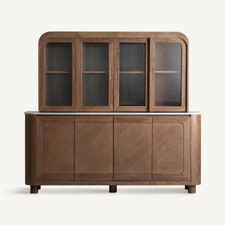 Mobilier - Mobilier de bar din stejar maro cu uși de sticlă striată deasupra și uși pline dedesubt
