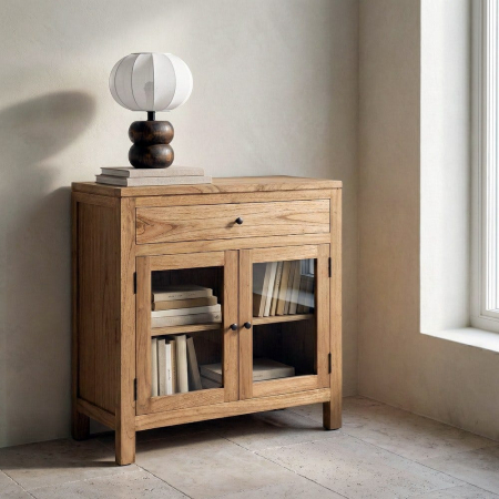 Vitrine in Stil Contemporan - Mobilier hol din lemn de mindi cu uși din sticlă și sertar