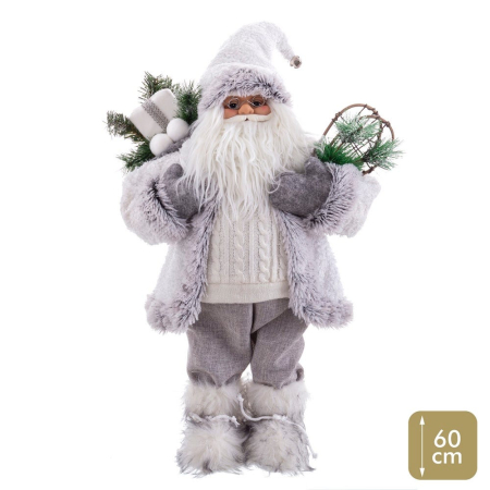 Obiecte decorative - Moș Crăciun alb mare textil cu blană gri în picioare cu sac cu ramuri de brad și coșuleț