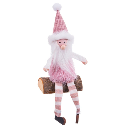 Obiecte decorative - Moș Crăciun așezat pe buștean cu căciulă roz barbă albă pufoasă și picioare în ciorapi cu dungi