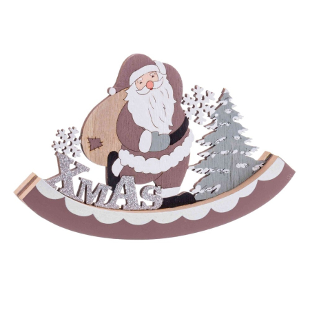 Obiecte decorative - Moș Crăciun cu sac pe balansoar din lemn maro cu litere XMAS cu sclipici argintiu și brăduț gri-verzui