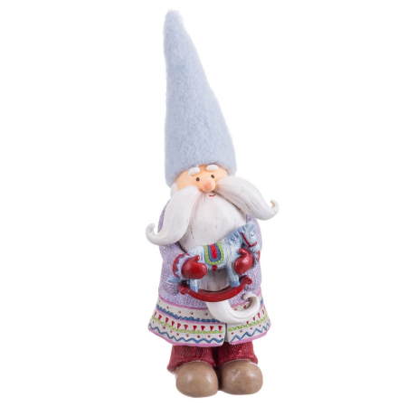 Craciun - Moș Crăciun din rășină cu căciulă înaltă albastră de pâslă barbă albă răsucită haină nordică și căluț balansoar