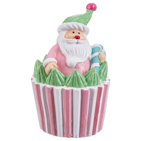 Craciun - Moș Crăciun într-un cupcake din rășină cu căciulă verde cu pompon roz hârtie în dungi și baston
