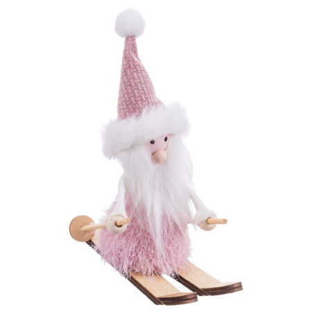 Obiecte decorative - Moș Crăciun pe schiuri din lemn cu căciulă tricotată roz blăniță albă barbă pufoasă și bețe de schi