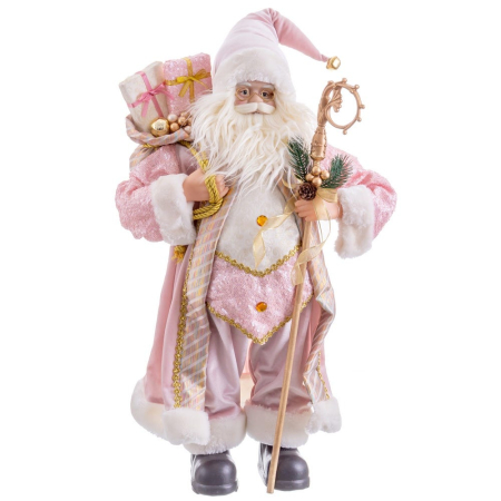 Obiecte decorative - Moș Crăciun roz textil în picioare cu toiag auriu și sac cu cadouri roz și șampanie