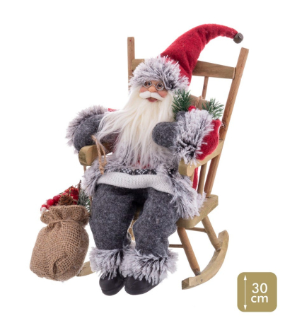 Obiecte decorative - Moș Crăciun textil așezat într-un balansoar din lemn cu palton roșu și picioare gri