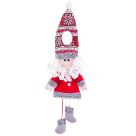 Obiecte decorative - Moș Crăciun textil de agățat pe clanță cu căciulă tricotată roșie și cizme gri atârnând