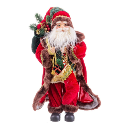 Obiecte decorative - Moș Crăciun textil în picioare cu mantie de catifea roșie vestă verde și sac verde