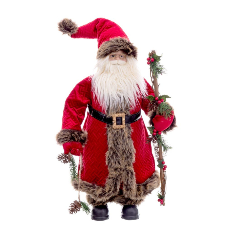 Obiecte decorative - Moș Crăciun textil în picioare cu palton roșu de catifea blană maro și toiag cu ramuri de brad