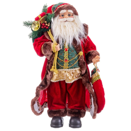 Obiecte decorative - Moș Crăciun textil mare în picioare cu mantie de catifea roșie vestă verde și sac verde