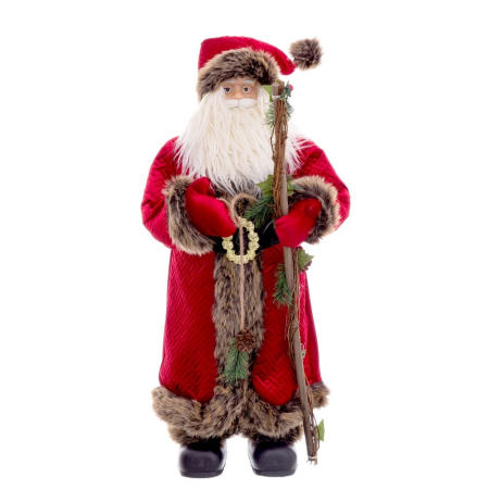Obiecte decorative - Moș Crăciun textil mare în picioare cu palton roșu de catifea blană maro și toiag cu ramuri