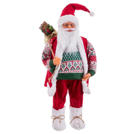 Colectia noua - Moș Crăciun textil uriaș în picioare cu pulover nordic vestă albă și pantaloni de catifea roșie