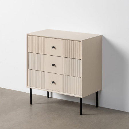 Noptieră din MDF crem cu trei sertare și picioare metalice