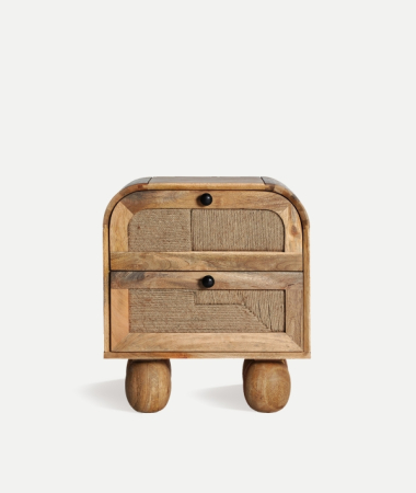 Noptiere - Noptiera din lemn de mango maro cu sertare din iuta si picioare rotunjite