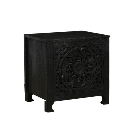 Noptiere in Stil Oriental - Noptieră din lemn de mango negru cu front sculptat și sertar
