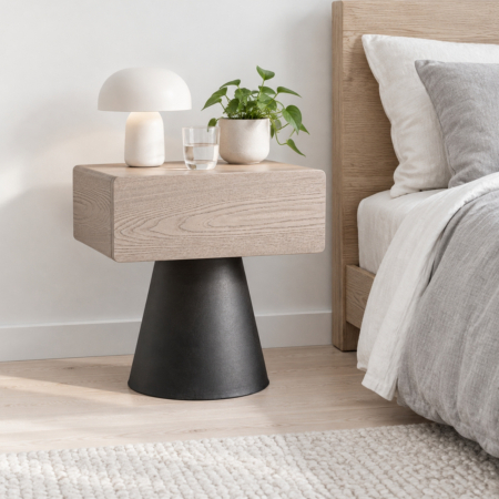 Stil de design - Noptieră cu bloc din MDF deschis, fibră de lemn la vedere, pe bază conică din oțel negru