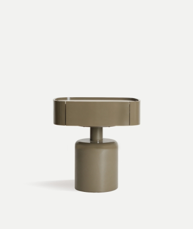 Stil de design - Noptieră verde oliv lucioasă cu blat oval din porțelanat gri pe picior cilindric
