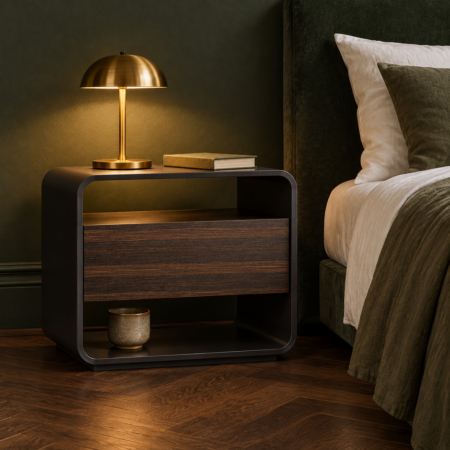 Stil de design - Noptieră cu cadru negru rotunjit, interior alb și sertar cu față din furnir striat între două nișe