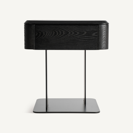 Noptiere in Stil Contemporan - Noptieră neagră cu sertar de ulm cu fibră vizibilă pe două plăci verticale de metal