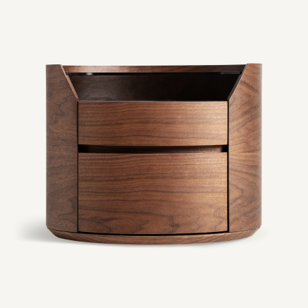 Stil de design - Noptieră ovală maro, cu două sertare curbate și nișă cu ceramică albă sub sticlă fumurie