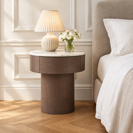 Stil de design - Noptieră în formă de ciupercă din MDF wenge cu sertar curbat și blat subțire din marmură albă