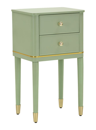 Noptieră verde salvie din lemn de pin și MDF cu două sertare și accente aurii design elegant