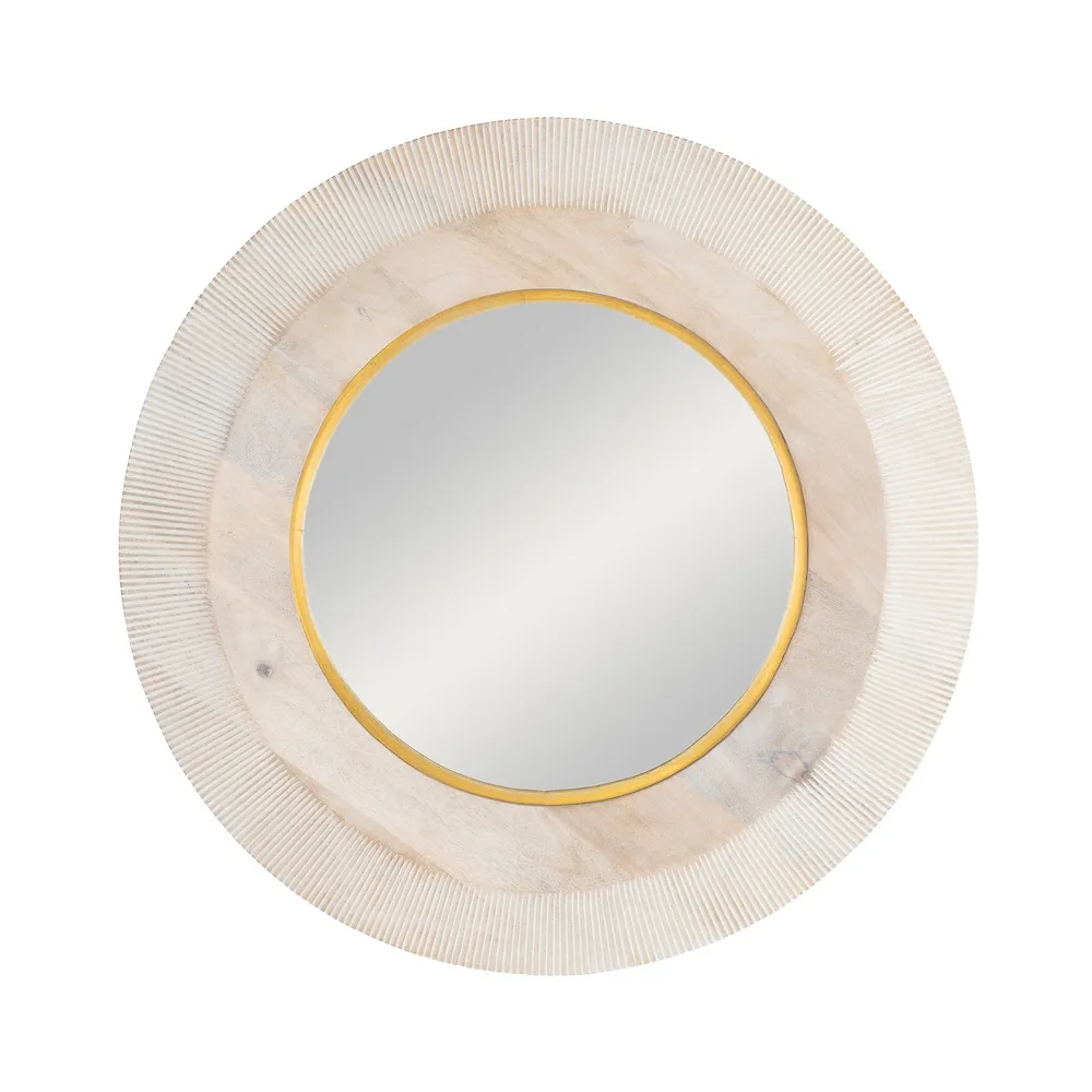 Oglinda de perete rotunda lemn de mango alb auriu 90 x 5 cm