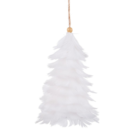Scandinav - Ornament pentru brad în formă de brăduț din pene albe de gâscă cu sfoară și mărgea de lemn
