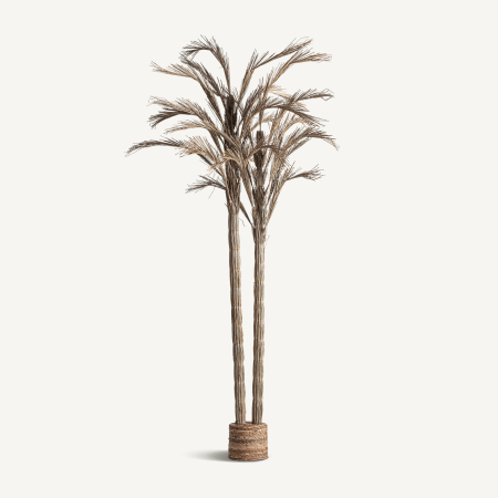 Boho - Palmier din fibră naturală cu două trunchiuri drepte, frunze fine arcuite și bază rotundă împletită
