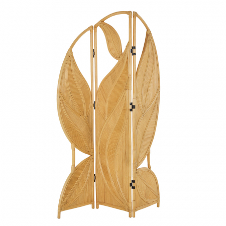 Paravan decorativ Leaf Palm ratan natural sculptural stil rustic contemporan - imagine frontală cu lumină caldă [1]