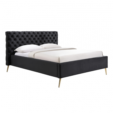 Paturi - Pat negru elegant cu detalii aurii și catifea moale pentru un decor sofisticat