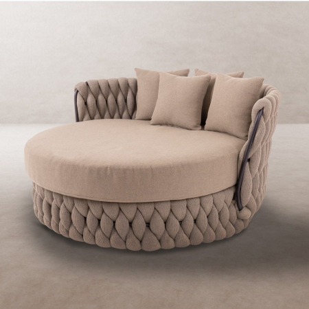 Paturi Exterior - Pat rotund REBECCA 136 cm cu împletitură bej taupe și perne albe – vedere frontală
