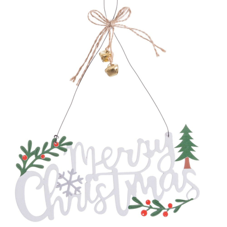 Obiecte decorative - Placă decorativă Merry Christmas din lemn alb de agățat cu brăduț verde frunze de ilice și clopoței aurii
