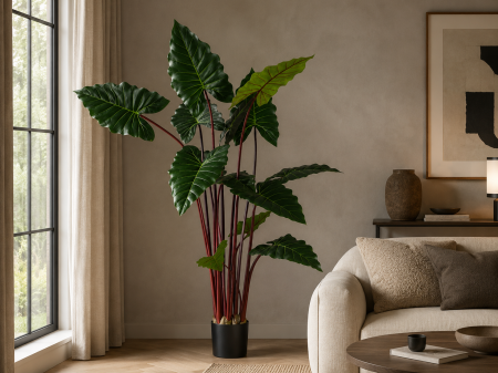 Plante si flori artificiale - Plantă artificială Alocasia cu frunze mari verzi și ghiveci negru