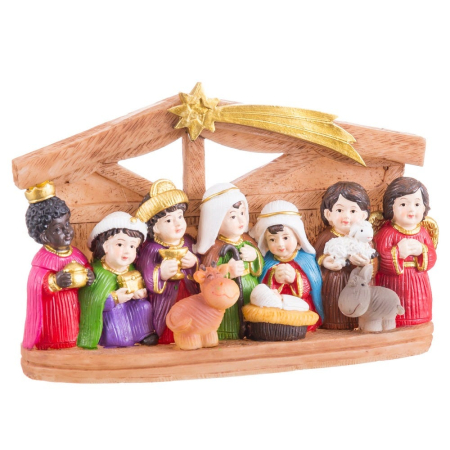 Craciun - Portal al Nașterii din rășină pictată cu zece figurine colorate trei crai păstor iesle și stea aurie
