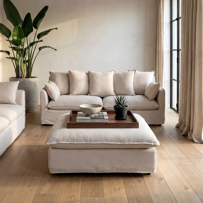 Contemporan - Puf bej tapitat din stofă cu structură din mdf