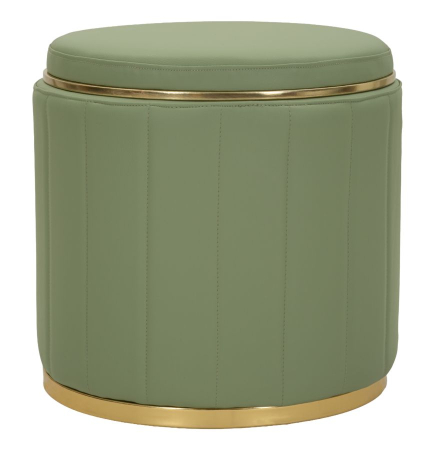Puf rotund cu spațiu de depozitare verde salvie cu detalii aurii design modern